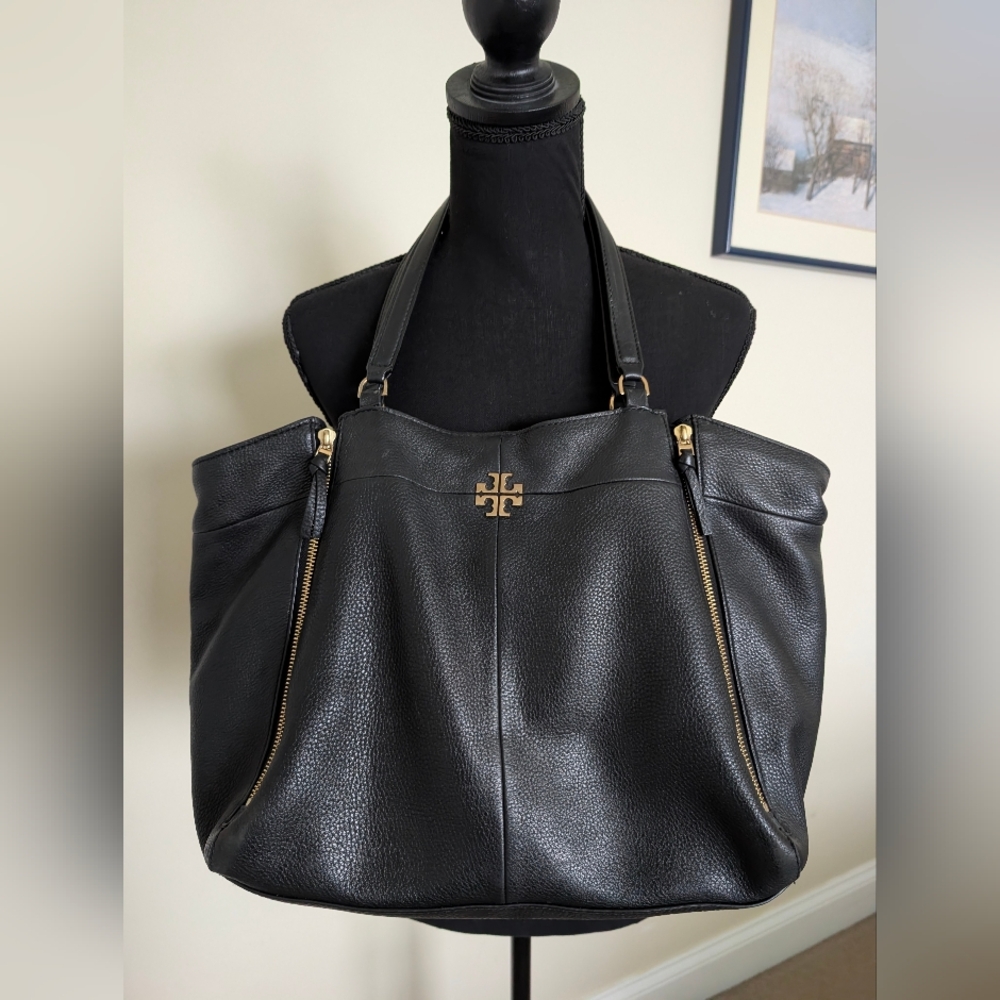Tory Burch Black Leather Expandable Tote Shoulder Bag with Zippers